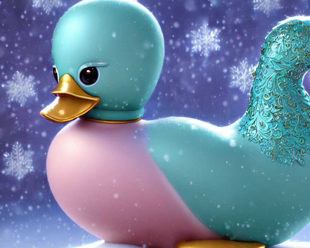 Stylized rubber duck with teal head and intricate blue patterns on snowy backdrop