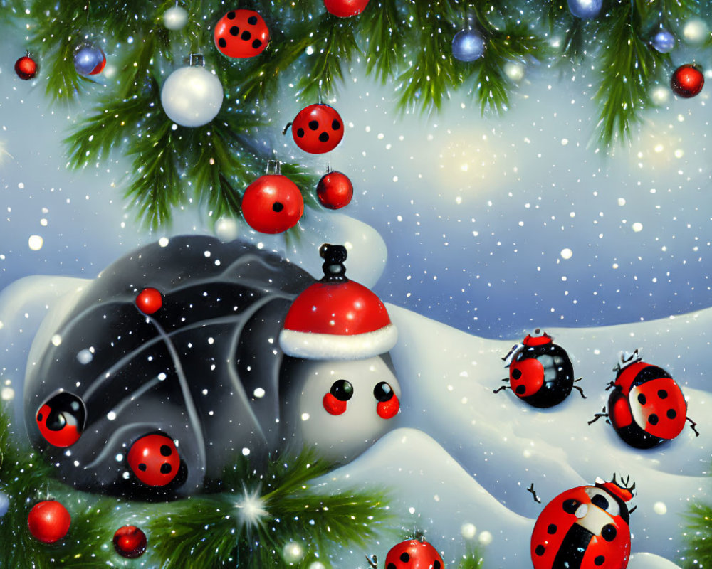 Ladybugs in Santa hats with ornaments on snowy pine branches under a starry sky