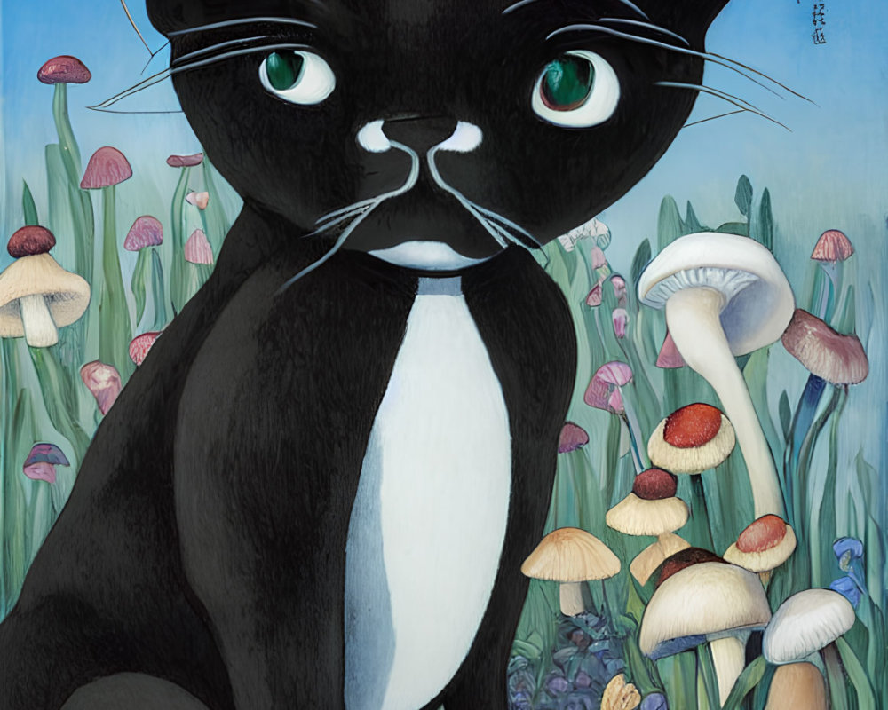 Black and White Cat Surrounded by Mushrooms and Flowers Under Blue Sky