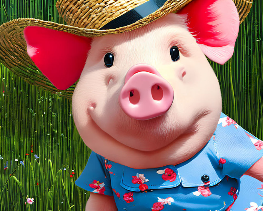 Animated pig in straw hat and floral shirt on grassy background