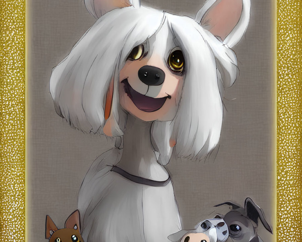 White Fur Anthropomorphic Dog with Collar and Two Smaller Dogs on Golden Background