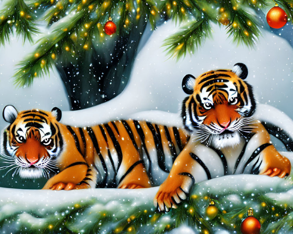 Illustrated tigers with orange and black stripes under snow-covered pine branches with Christmas baubles.