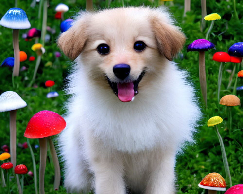 Fluffy Tan and White Puppy with Colorful Mushrooms on Green Grass