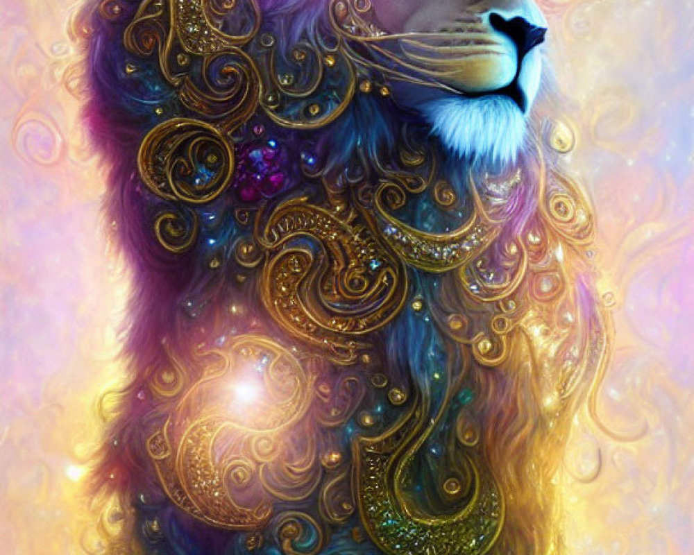 Majestic lion with golden adorned mane in purple, blue, and gold colors