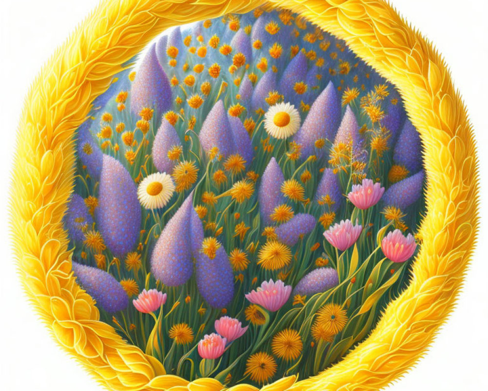 Vibrant floral illustration with purple, pink, and yellow flowers in ornate border