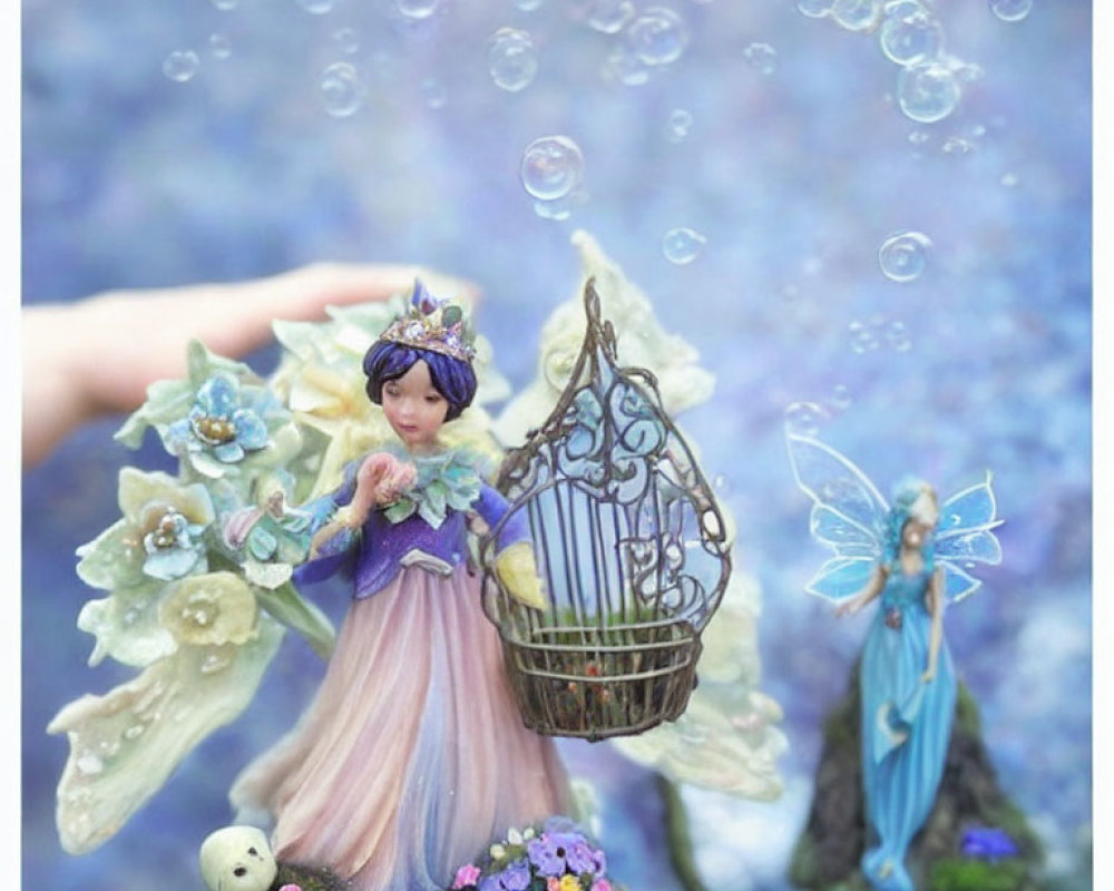 Figurines of fairies in lavender and blue dresses with birdcage, bubbles, and floral