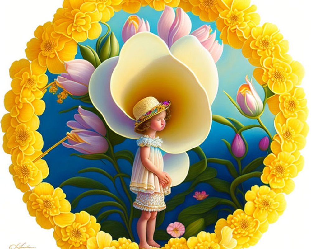 Vibrant illustration of young girl in yellow flower frame