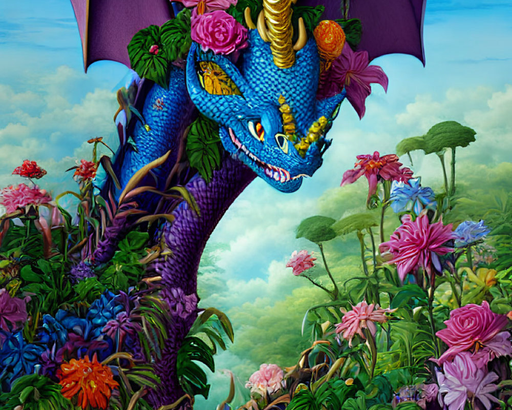 Colorful Smiling Blue Dragon with Golden Horn in Floral Scene