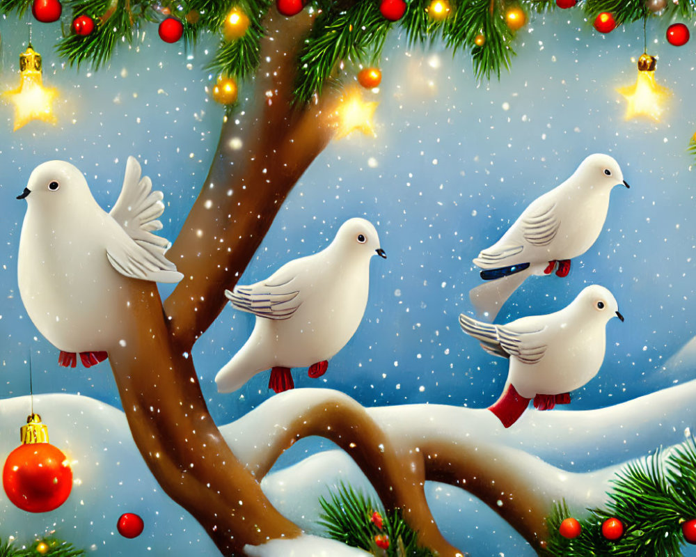 White doves on snow-covered branches with Christmas lights and red baubles in snowy scene