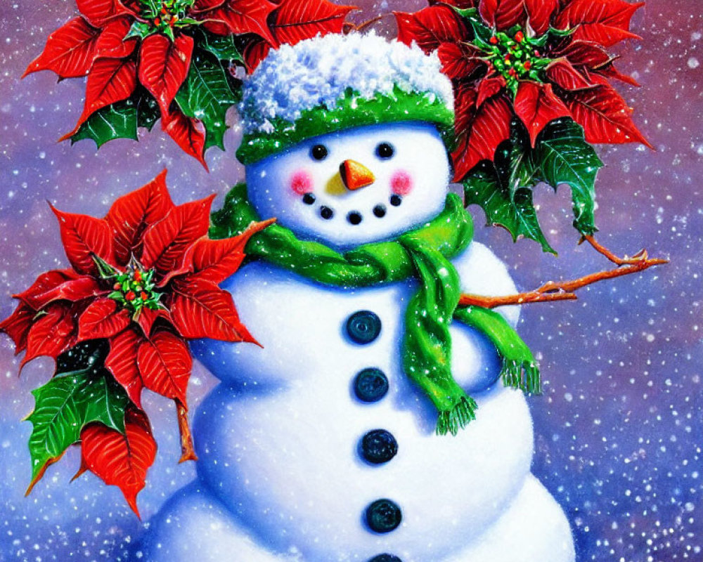 Snowman with Green Scarf and Top Hat Surrounded by Poinsettia Flowers in Snowfall