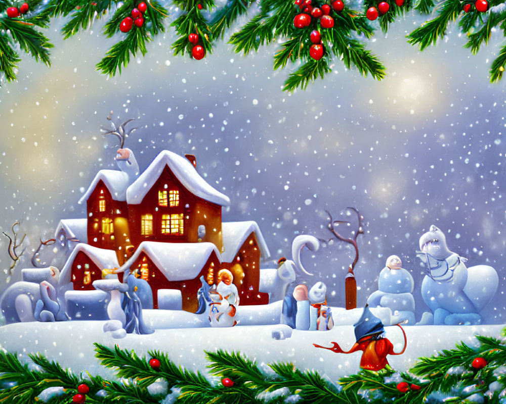 Snow-covered house, snowmen, and twinkling lights in winter scene