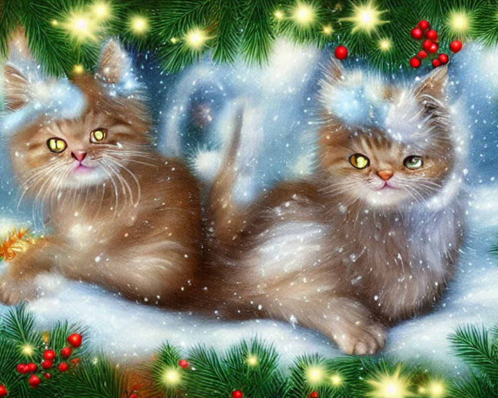 Fluffy Cats in Festive Winter Scene with Lights and Berries