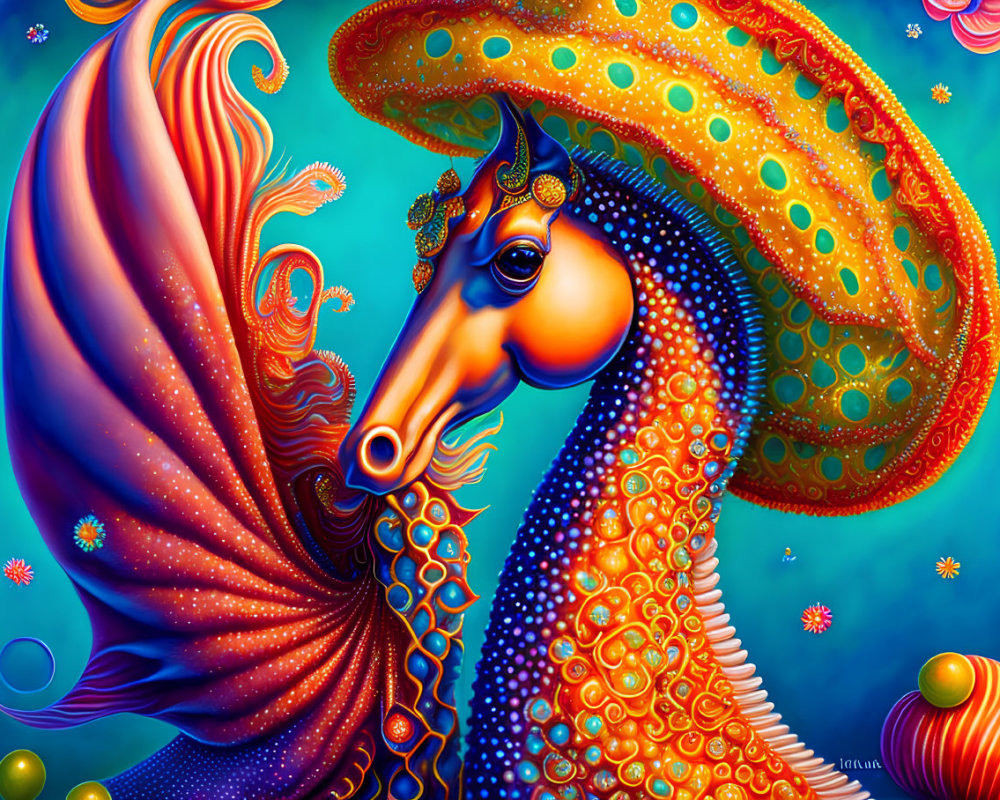 Colorful Psychedelic Seahorse Illustration with Mexican Sombrero on Blue Background