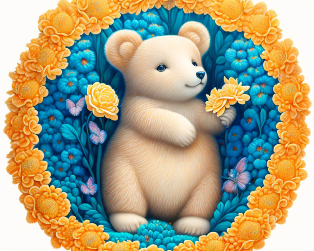 Fluffy Tan Bear Surrounded by Blue and Orange Flowers