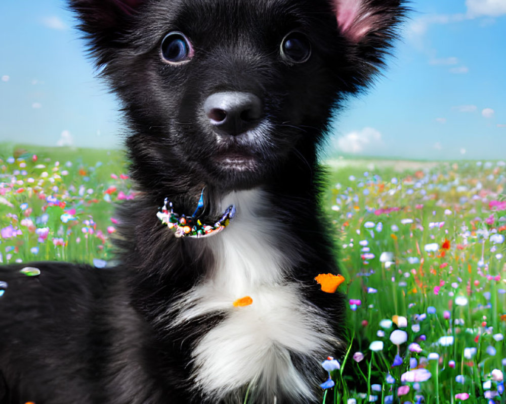 Black Puppy with Bright Eyes in Colorful Flower Field