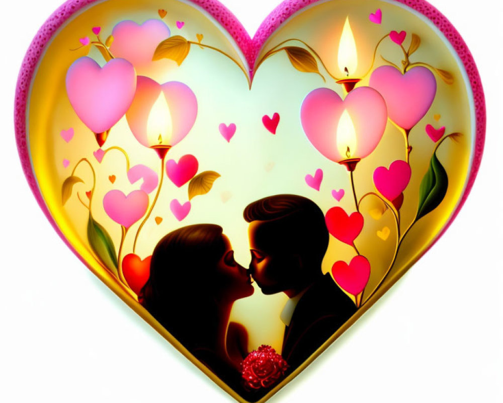 Romantic Couple Illustration in Heart Frame with Floral Motifs