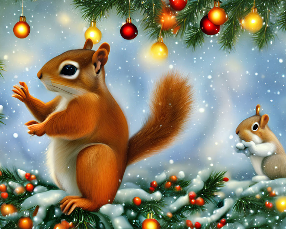 Illustrated squirrels on snow-covered branches with festive decorations