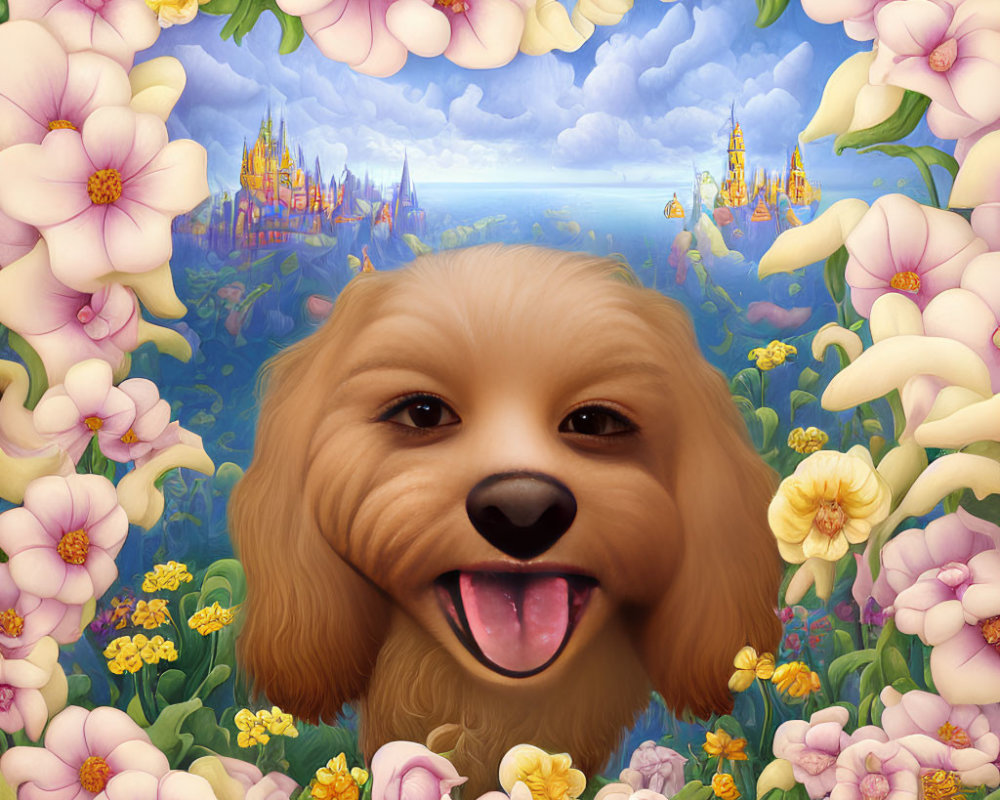 Brown Puppy Surrounded by Colorful Flower Frame and Whimsical Castles