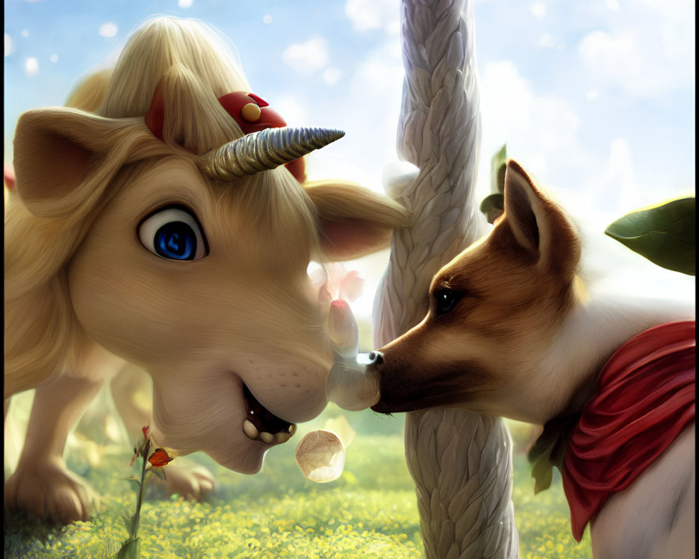 Whimsical illustration: Unicorn and dog touching noses in nature