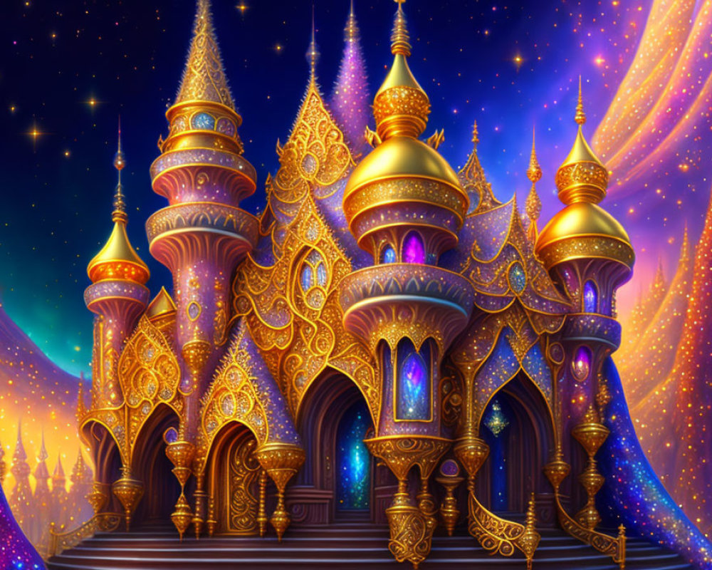 Golden fantasy palace with spires and domes under starry night sky