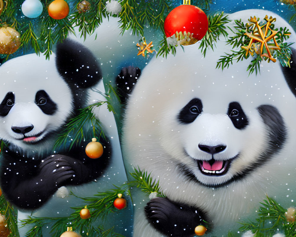 Smiling pandas with Christmas decorations and snowflakes