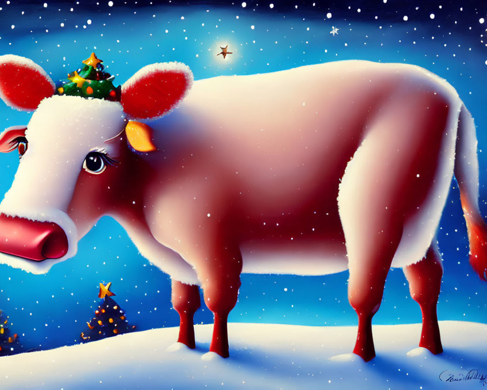 Whimsical cow with Christmas tree in snowy landscape