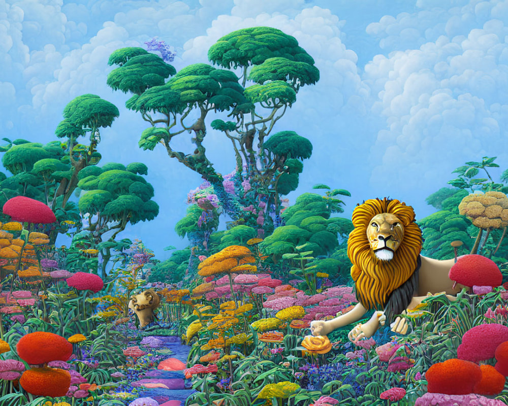 Colorful forest illustration with oversized flora and two lions, one with regal mane.