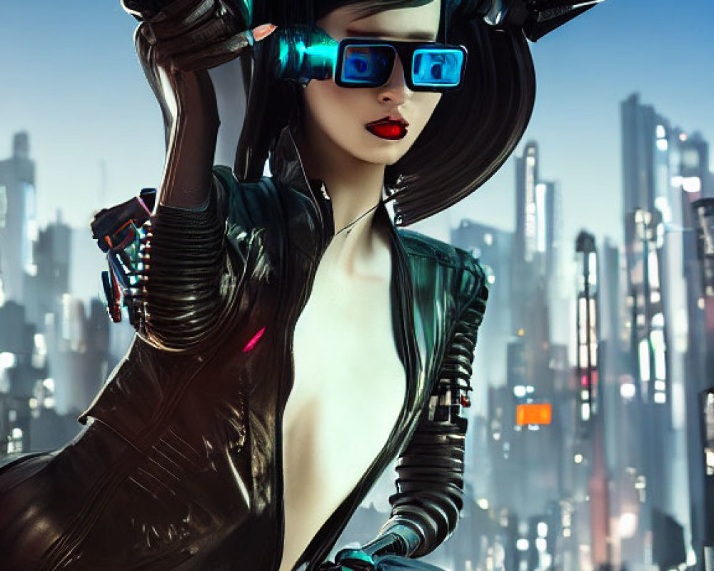 Futuristic woman in blue glasses and headgear against neon cityscape