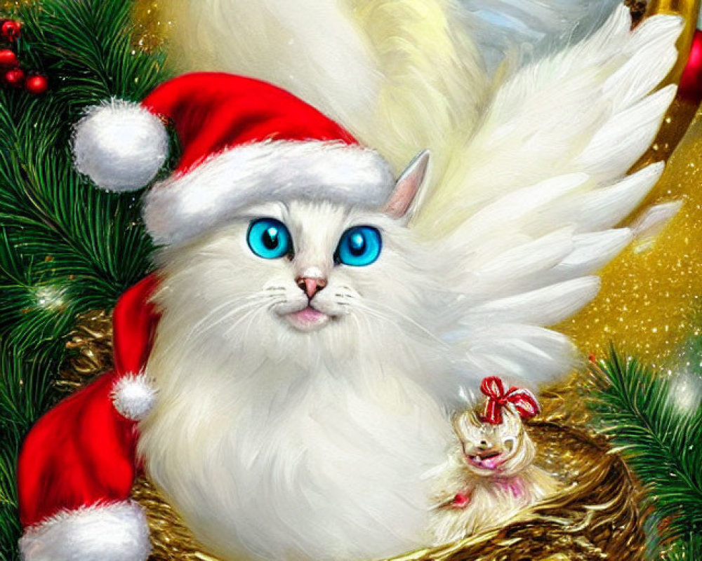 White Cat with Angel Wings and Santa Hat in Golden Basket Amid Christmas Decor