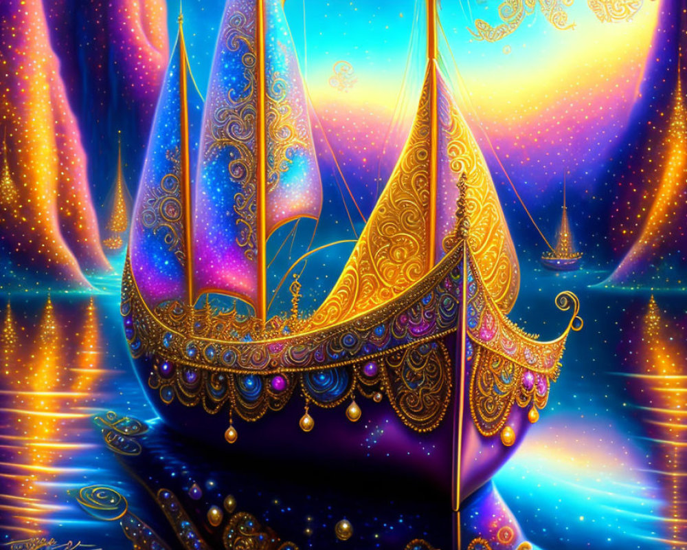 Fantasy artwork: Golden sailboats on starry water surface