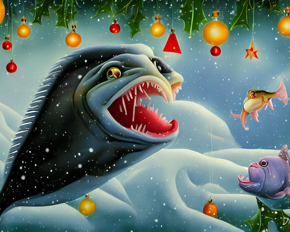 Whimsical shark illustration with festive elements