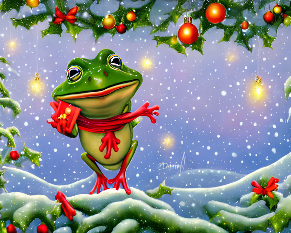 Smiling frog with red scarf holding present in festive winter scene