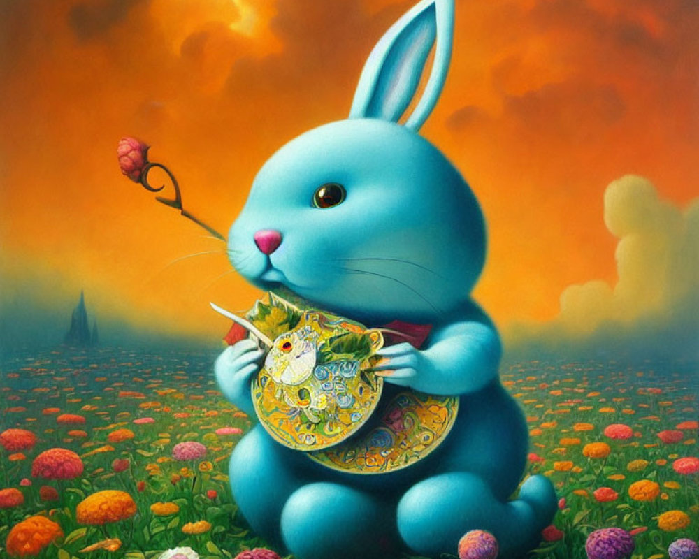 Colorful painting: Blue rabbit with decorated egg in flower field at sunset