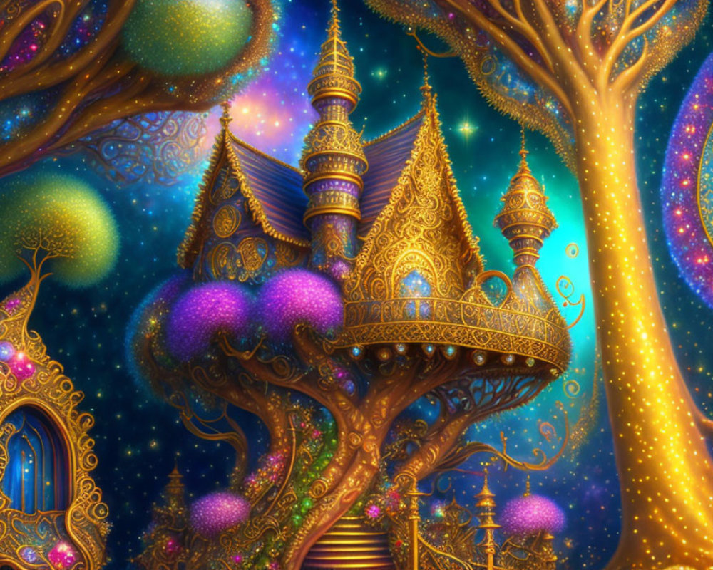 Glowing tree with golden house in starry night sky