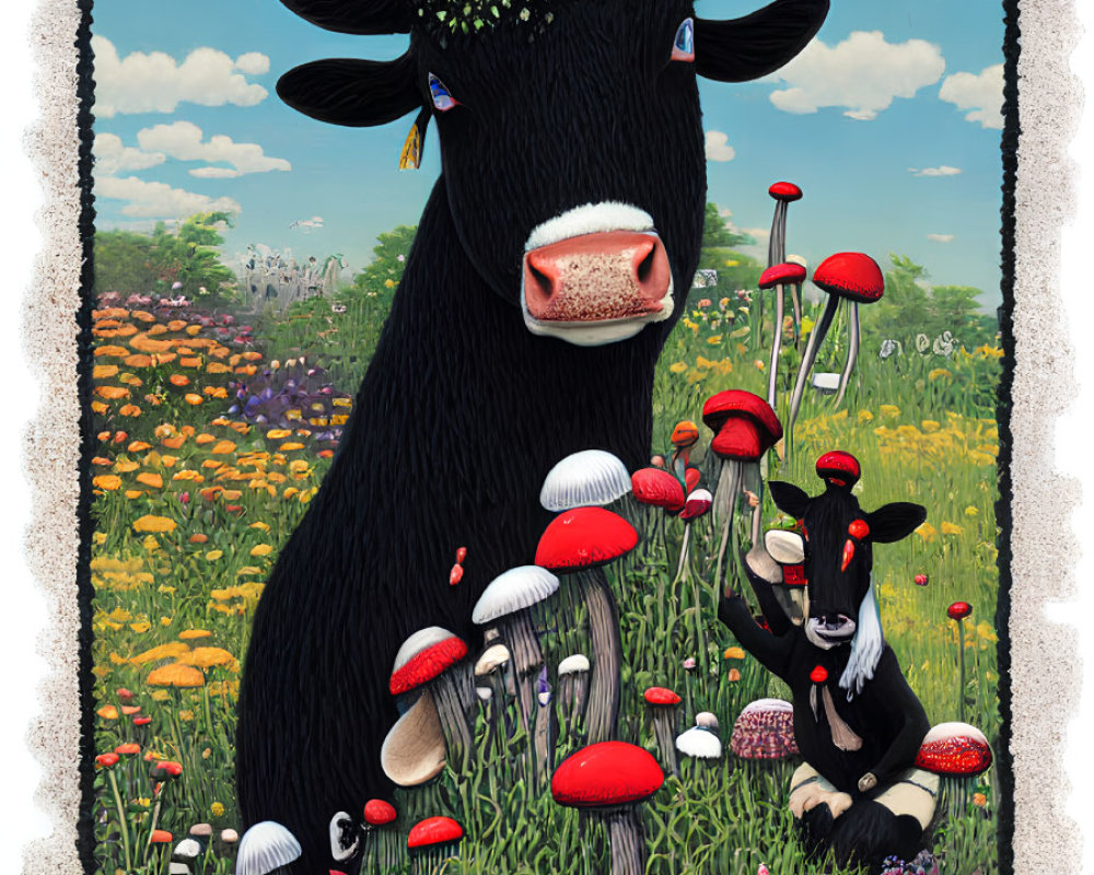 Whimsical cow with floral headpiece in vibrant mushroom and floral meadow.