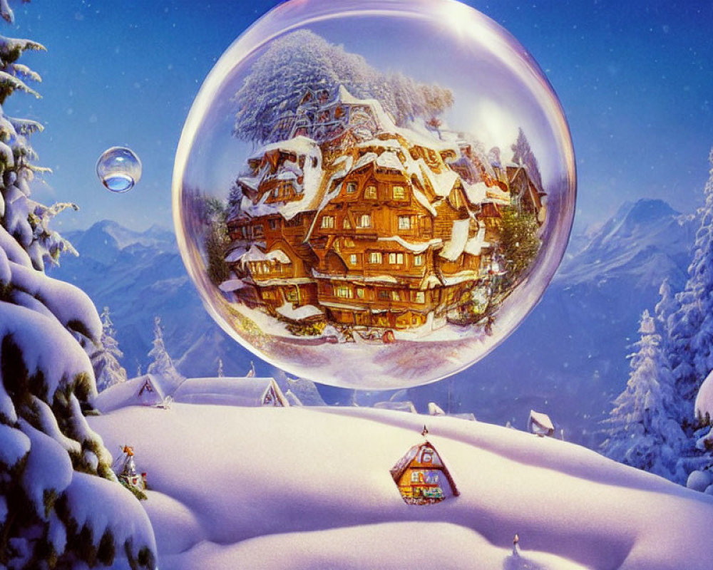 Snow-covered houses reflected in crystal-clear bubble in winter scene