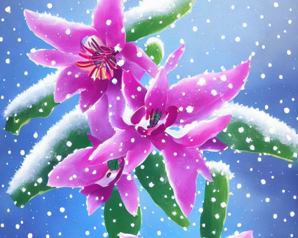 Pink Flowers and Snowflakes on Blue Background with Falling Snow