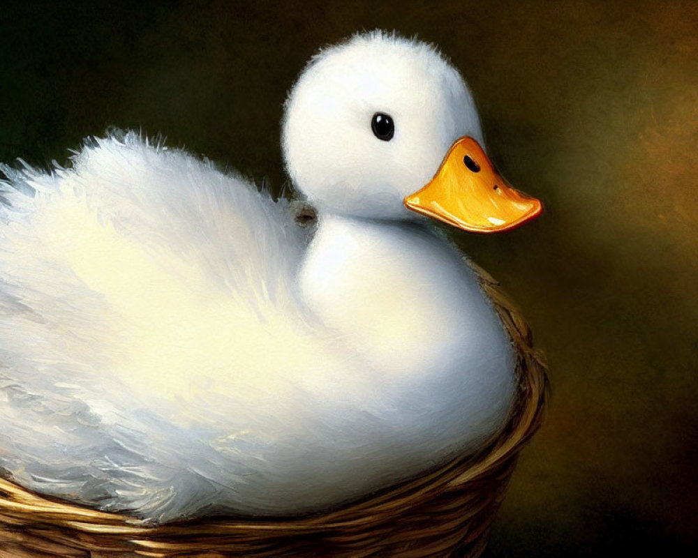 White Duckling with Orange Beak in Woven Basket on Dark Background