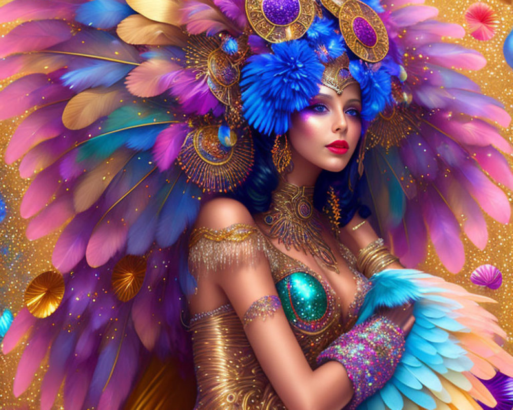 Woman in vibrant feather headdress and gem-embellished costume.