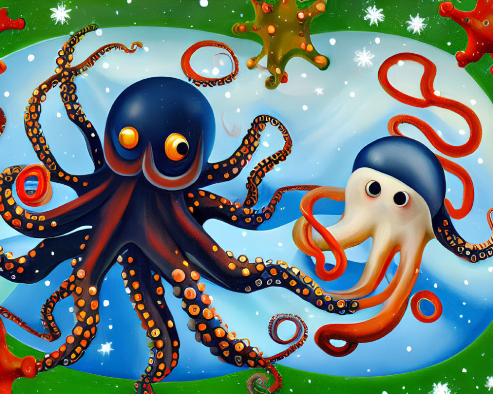 Vibrant and Pale Octopuses Amongst Starfish Undersea