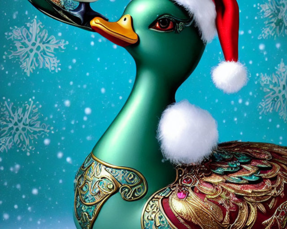 Ornate green duck with Santa hat and white duck on back in wintry scene