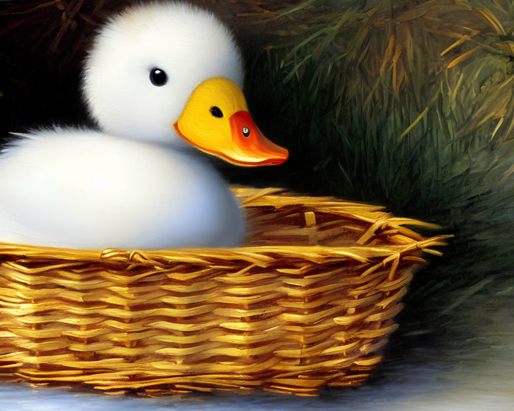 White and Yellow Duck Toy in Wicker Basket with Orange Beak