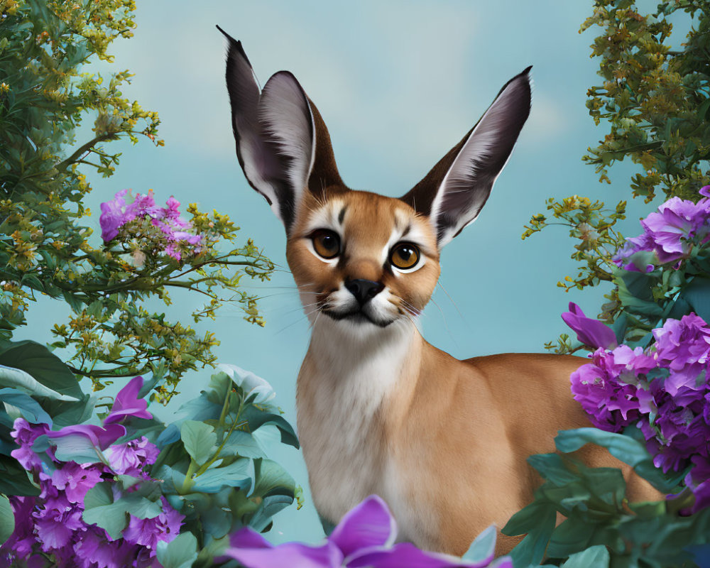 Anthropomorphic feline character surrounded by vibrant flowers on blue sky.