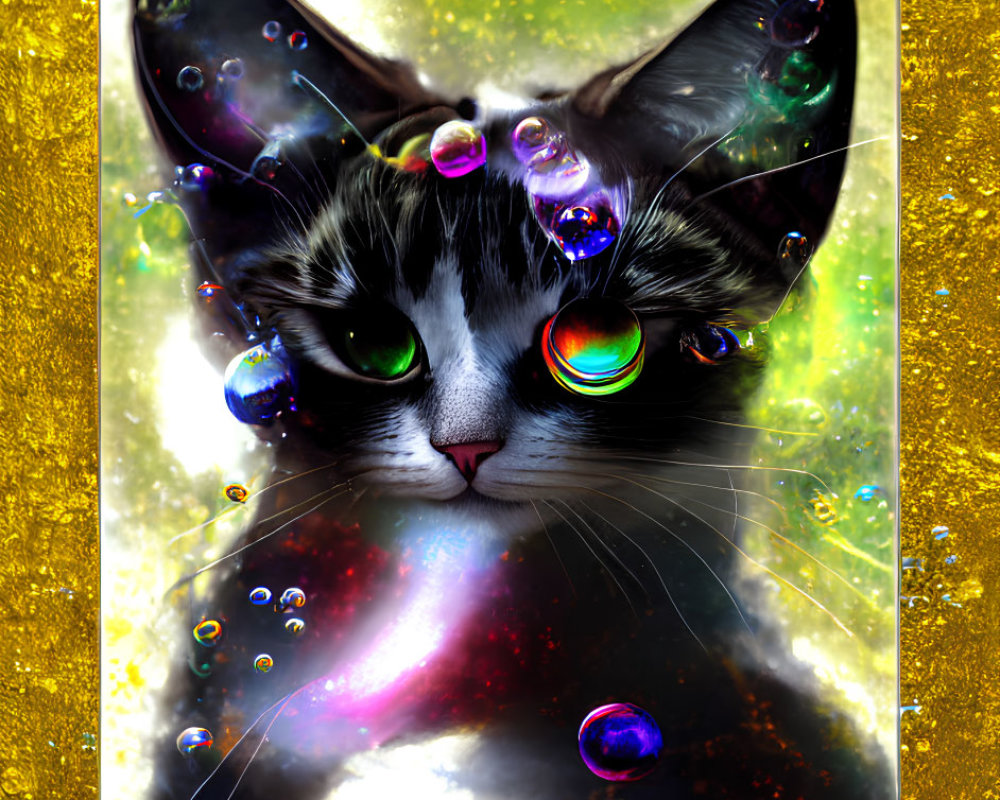 Colorful digital artwork: Cat with green eyes in bubbles on golden background