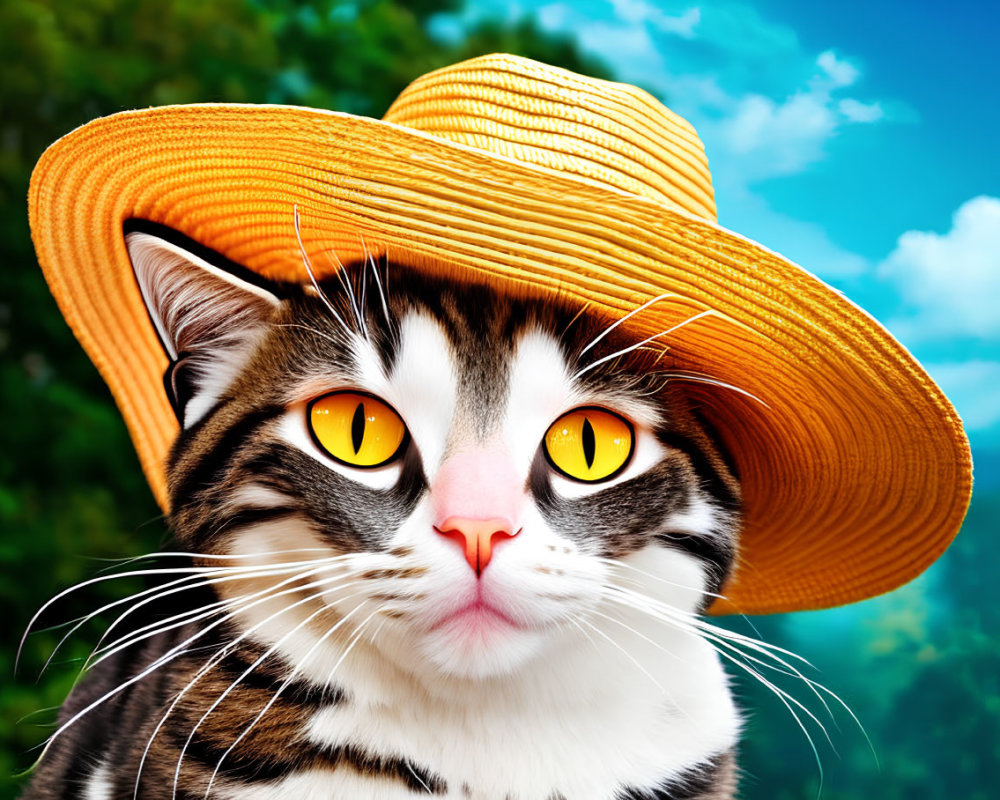 Yellow-Eyed Cat in Bright Sun Hat with Blue Sky Background