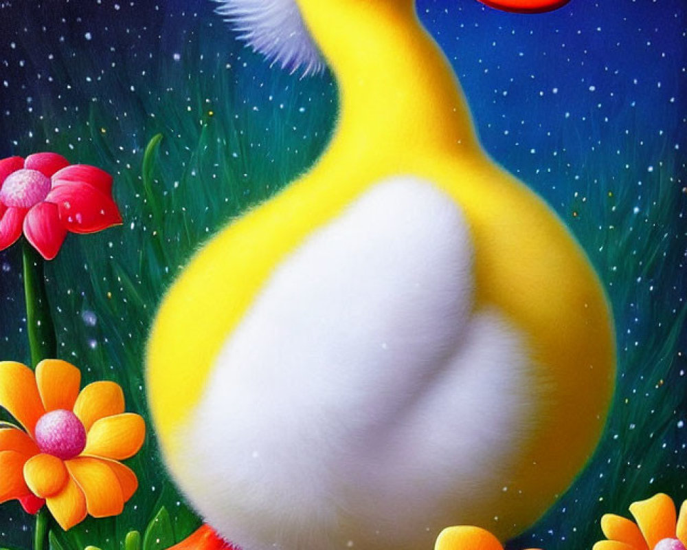 Colorful illustration of yellow duckling with white hat in starry sky surrounded by flowers.