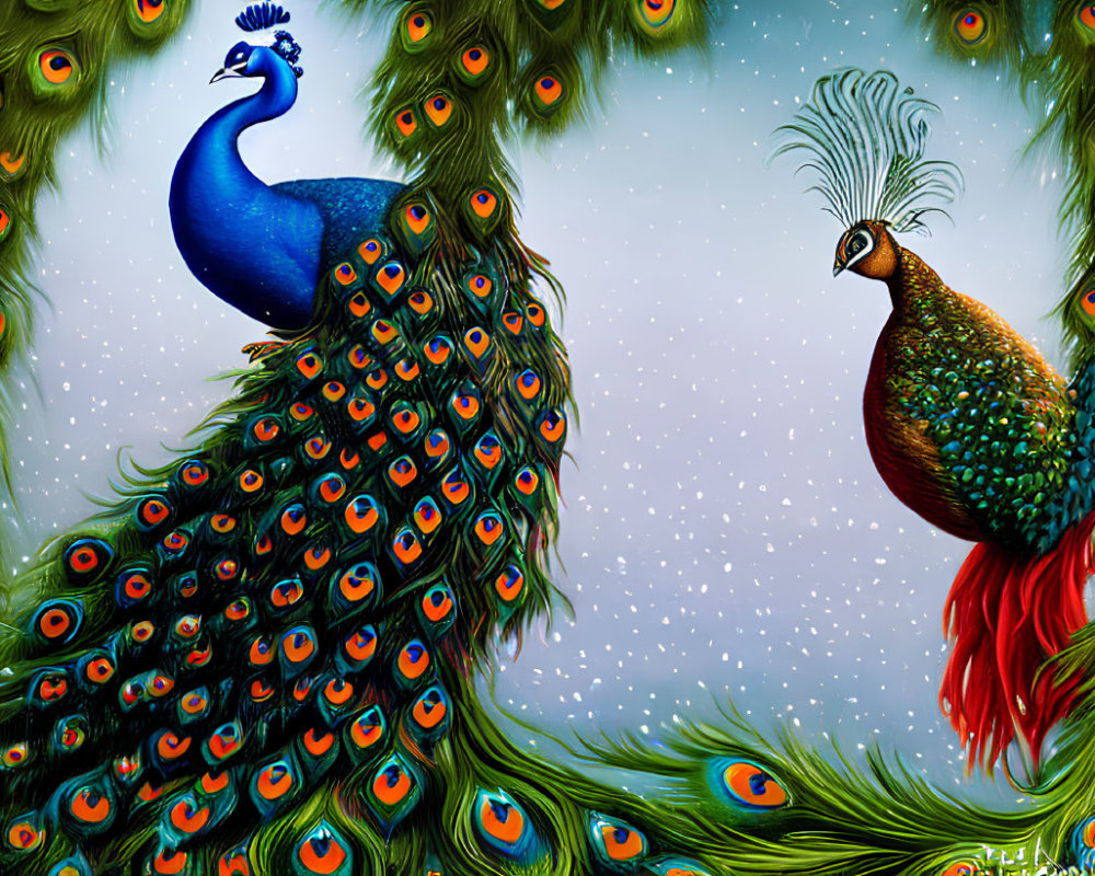 Colorful Peacocks Illustration in Lush Greenery