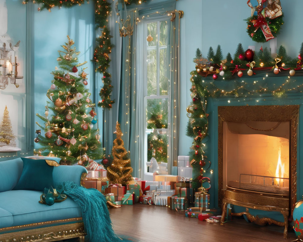 Cozy Christmas room with decorated tree, gifts, fireplace, blue sofa