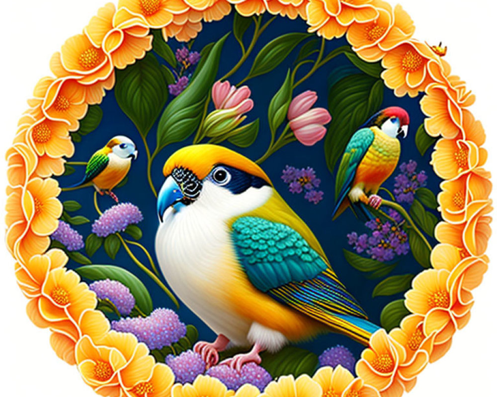 Colorful Bird Illustration with Floral Motifs in Circular Border