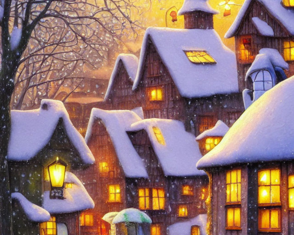 Snow-covered cottages, glowing windows, streetlamp, person with umbrella, serene snowy landscape